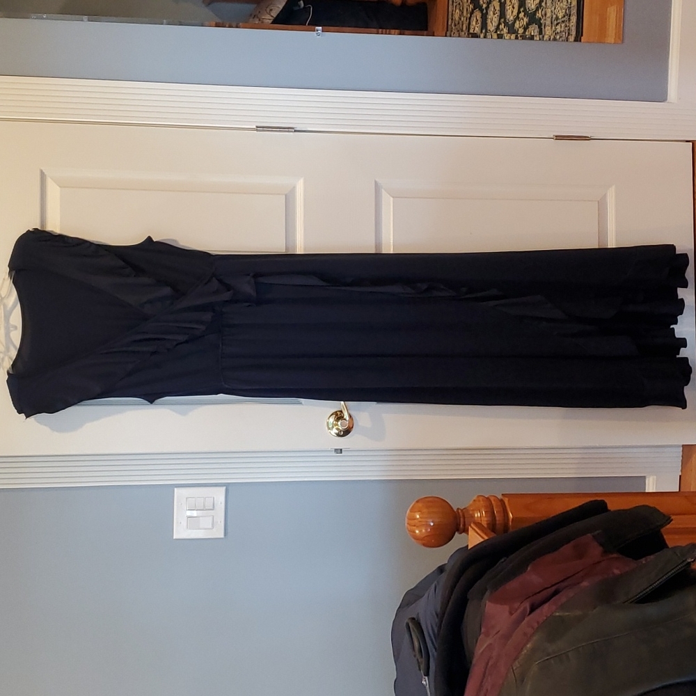 Plus Size, Navy Blue, V-Neck, Sleeveless, Ruffle Trim, Long Stretchy Dress